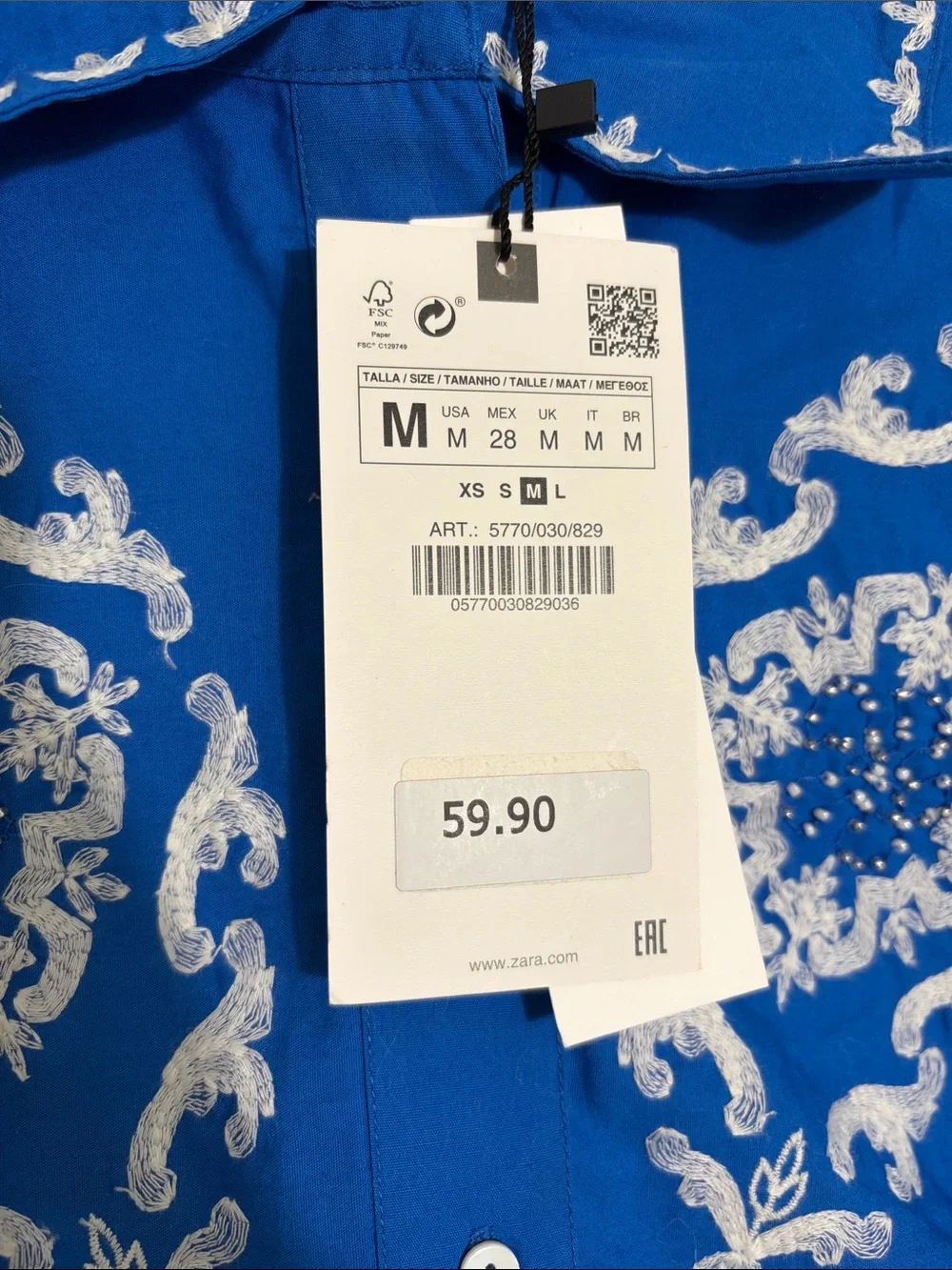 ZARA Bright Blue Embroidered Button-Front Blouse Medium